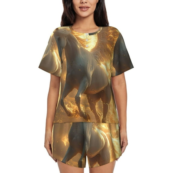 Gukieu Golden Winged White Horse Print Women's Short-sleeved Pajama Set, Round Neck Button Top Elastic Shorts 2-piece Set, Summer Home Leisure Clothing-XX-Large