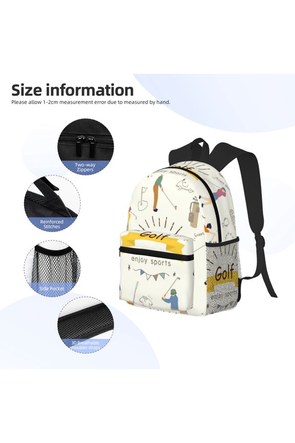 Golf Icons And Golfer Print Backpack, Waterproof Backpack with Adjustable Shoulder Straps, Suitable for Campus, Business, Travel, Unisex