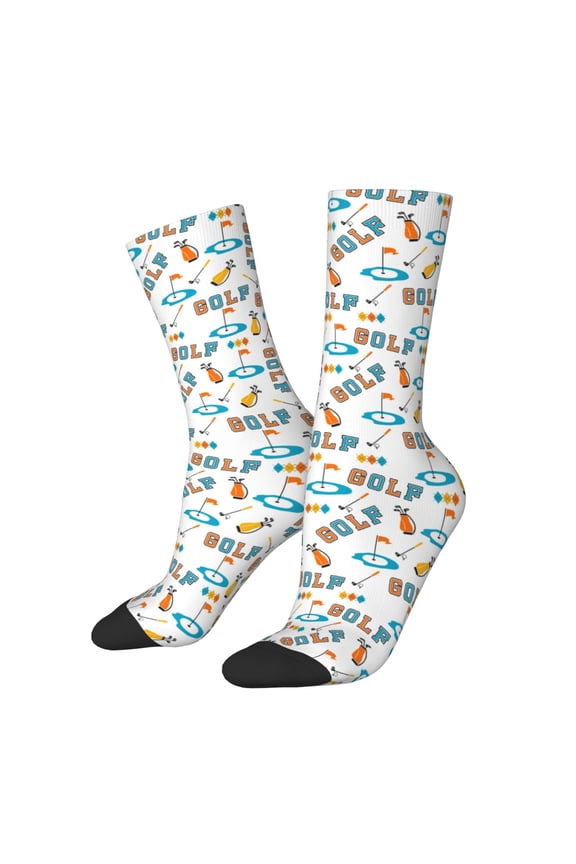Golfing Clubhouse Print Contrast Color Mid-calf Socks, Sweat-wicking Athletic Socks, Unisex Clothing Accessories