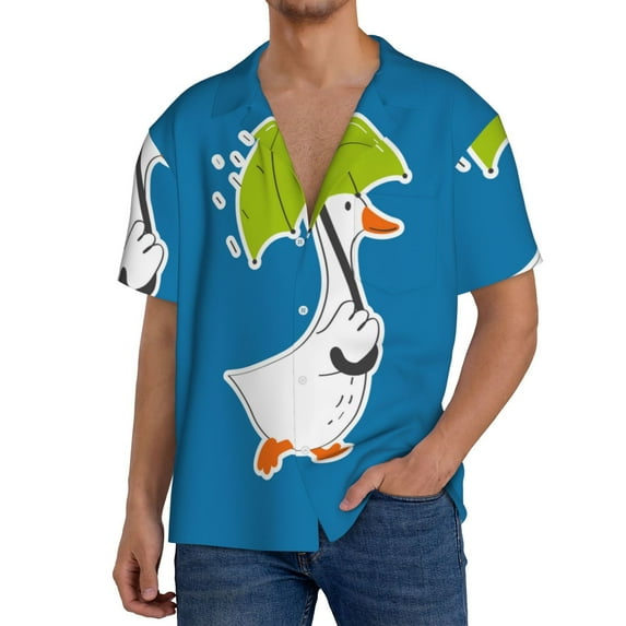 Gukieu Goose Holding an Umbrella Print Men's Short-sleeved Shirts, Button-down Pocket Shirts, T-shirts, Beach Vacation Travel Summer Clothing-4X-Large