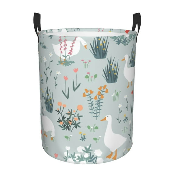 Gukieu Goose and Doodle Flowers Print Round Dirty Clothes Bag, Waterproof Standing Home Bathroom Storage Basket Car Trunk Storage Bag-Small