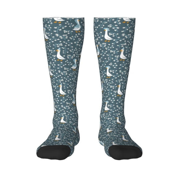 Gukieu Goose with meadow flowers Print Contrast Color Stockings, Elastic Sports Socks Warm Socks Clothing Accessories, Adult Unisex