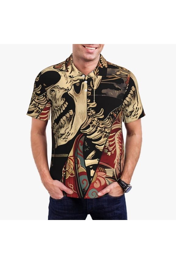 Gothic Eastern Floral Skull Print Men's Quick-drying POLO Shirt, Button-down Summer T-shirt, Suitable for Work and Outdoor Activities-Small