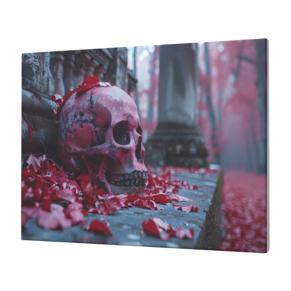 Gukieu Gothic Red Skull Cemetery Print Horizontal Canvas Decorative Painting 12x16 Inch Shrinkage Resistant Frame Hanging Home Wall Art Decor