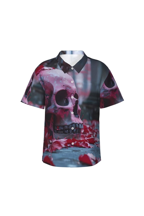 Gothic Red Skull Cemetery Print Men's Short-sleeved Shirts, Button-down Lapel Hawaiian Shirts, T-shirts, Beach Vacation Summer Casual Wear,Medium