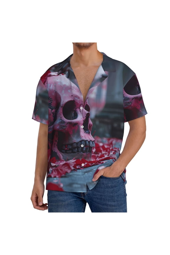 Gothic Red Skull Cemetery Print Men's Short-sleeved Shirts, Button-down Pocket Shirts, T-shirts, Beach Vacation Travel Summer Clothing-Large