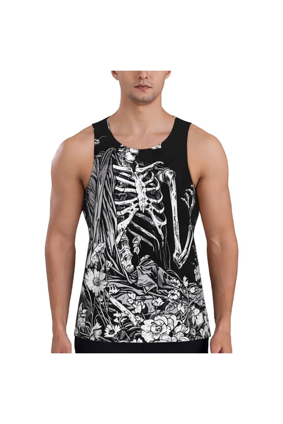 Gothic Skull Floral Art Print Men's Quick Dry Fitness Vest, Round Neck Sleeveless Fitness Bodybuilding Top-XX-Large