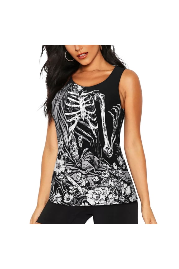 Gothic Skull Floral Art Print Women's Quick-drying Fitness Vest, Round Neck Sleeveless Fitness T-shirt, Suitable for Yoga, Sports-Large