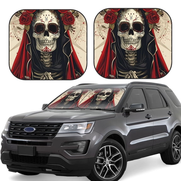 Gukieu Gothic Skull With Roses Print Car Windshield Sun Visor, Foldable Anti-UV Car Sun Visor Suitable for Vans, Trucks Car Accessories-Small