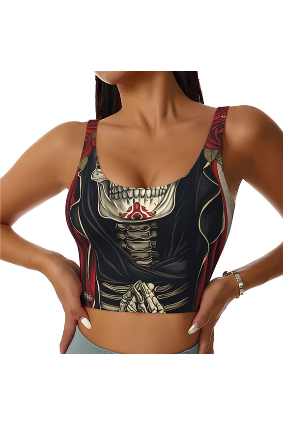 Gothic Skull With Roses Print Women's Sports Vest, Low-neck U-shaped Removable Pad Sports Bra for Yoga, Exercise, Dance-Large