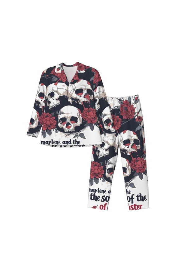 Gothic Skulls And Roses Print Men's Long-sleeved Pajamas Set, Elastic Waist Pajamas Button-down Pajamas Two-piece Set, Suitable for Adult Male Home Wear-XX-Large