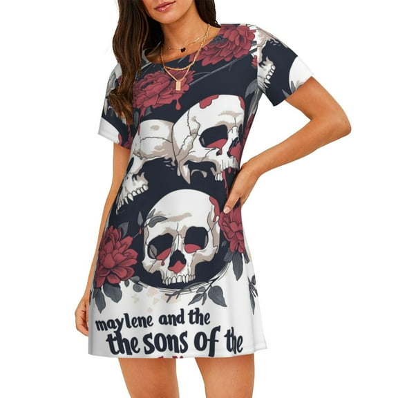 Gukieu Gothic Skulls And Roses Print Women's Nightgown, A-line Round Neck Short-sleeved Nightgown Pajamas Home Wear Suitable for Home and Outing