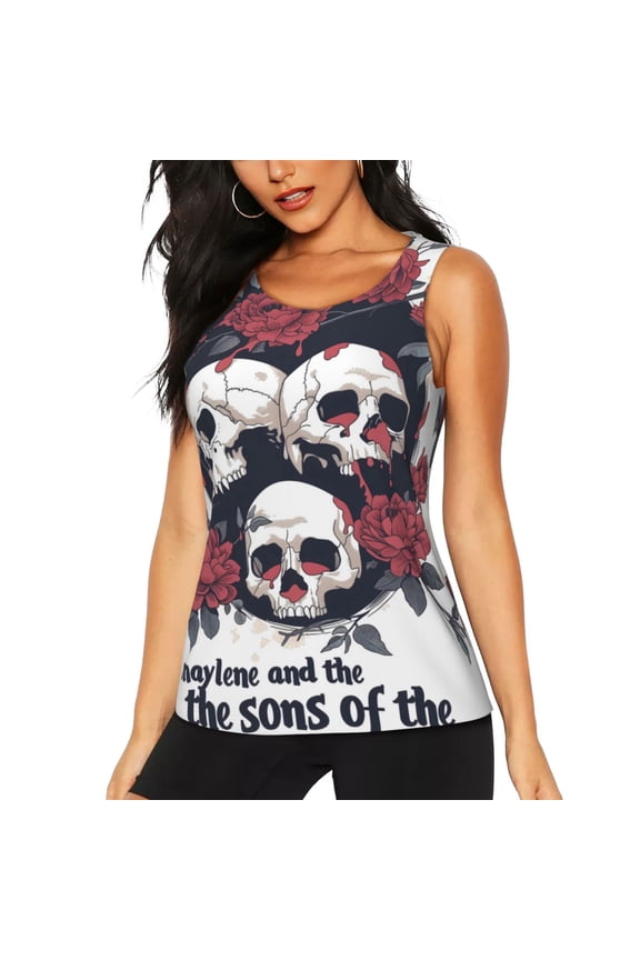 Gothic Skulls And Roses Print Women's Quick-drying Fitness Vest, Round Neck Sleeveless Fitness T-shirt, Suitable for Yoga, Sports-Small