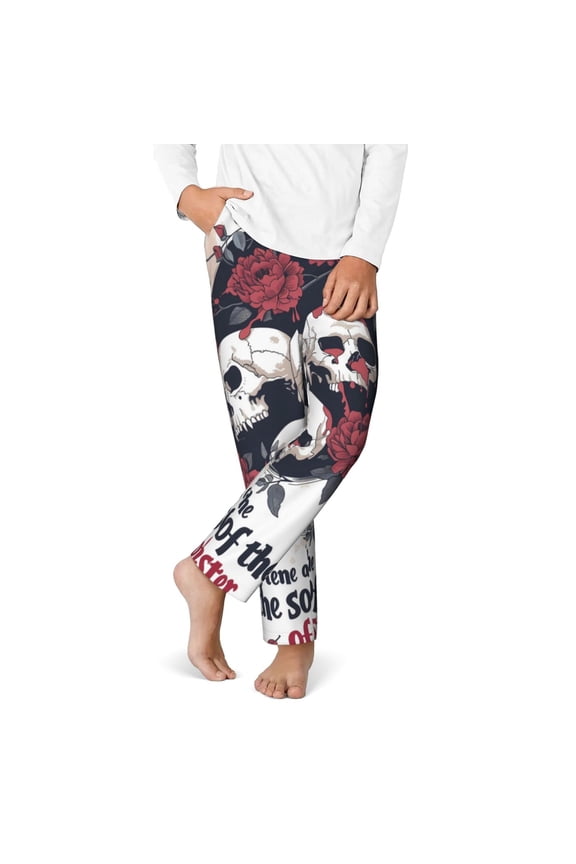 Gothic Skulls And Roses Print Youth Home Trousers, Elastic Waistband with Pockets for Home and Outing, Suitable for Children Aged 5-16-Small