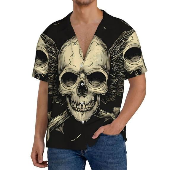 Gukieu Gothic Winged Skull Print Men's Short-sleeved Shirts, Button-down Pocket Shirts, T-shirts, Beach Vacation Travel Summer Clothing-Small