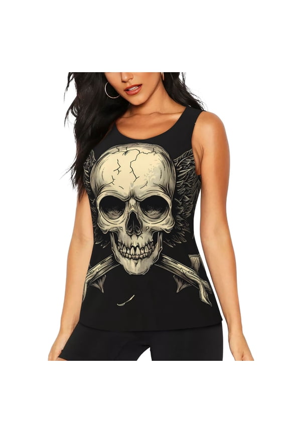 Gothic Winged Skull Print Women's Quick-drying Fitness Vest, Round Neck Sleeveless Fitness T-shirt, Suitable for Yoga, Sports-Small