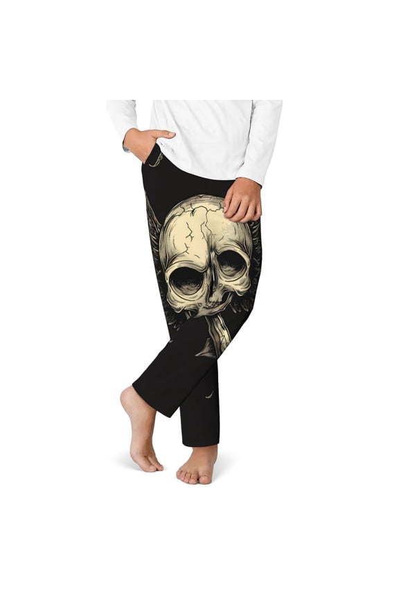 Gothic Winged Skull Print Youth Home Trousers, Elastic Waistband with Pockets for Home and Outing, Suitable for Children Aged 5-16-Small