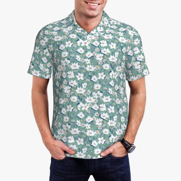 Gukieu Gouache Flowers Print Men's Quick-drying POLO Shirt, Button-down Summer T-shirt, Suitable for Work and Outdoor Activities-Large