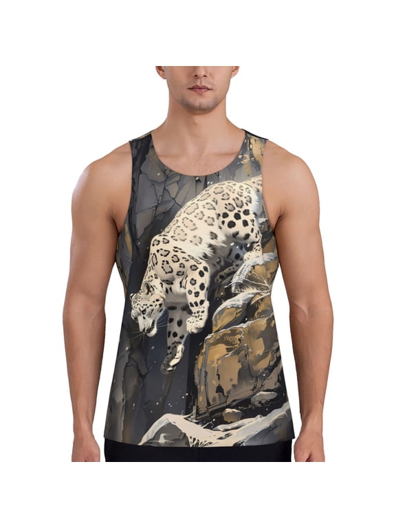 Graceful Snow Leopard Print Men's Quick Dry Fitness Vest, Round Neck Sleeveless Fitness Bodybuilding Top-3X-Large