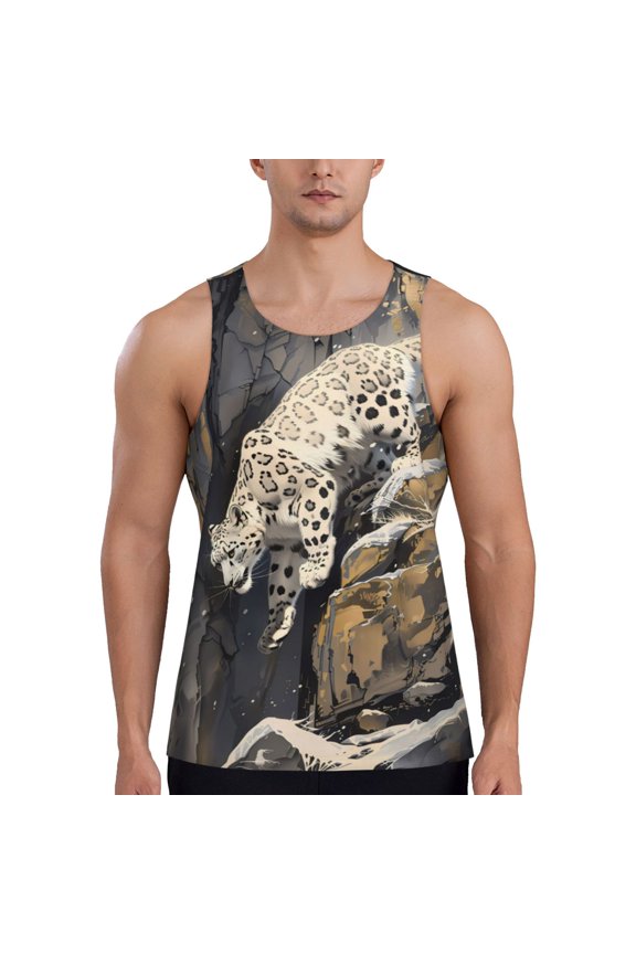 Graceful Snow Leopard Print Men's Quick Dry Fitness Vest, Round Neck Sleeveless Fitness Bodybuilding Top-Large