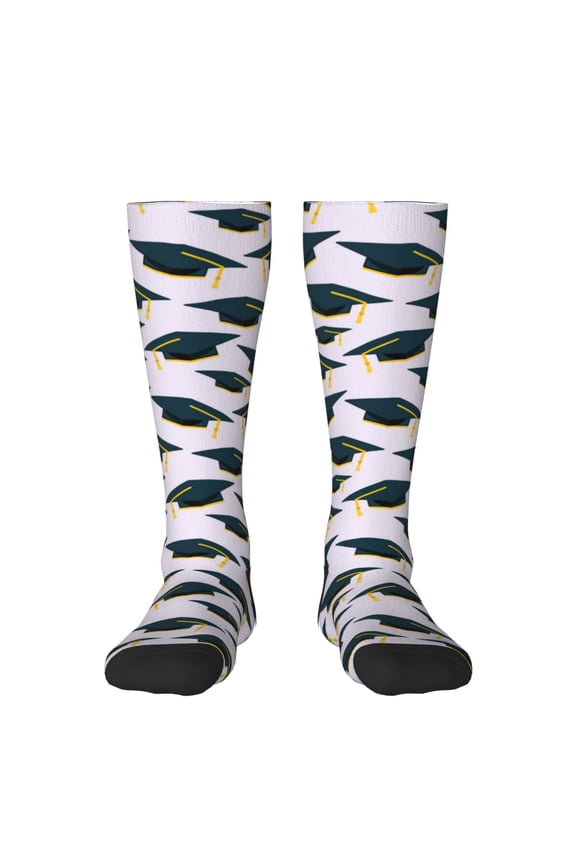 Graduation Hats Print Contrast Color Stockings, Elastic Sports Socks Warm Socks Clothing Accessories, Adult Unisex