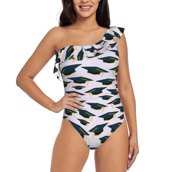 Gukieu Graduation Hats Print One-shoulder Ruffled One-piece Swimsuit with Removable Chest Pads and Tummy-control Swimsuit for Women-Large