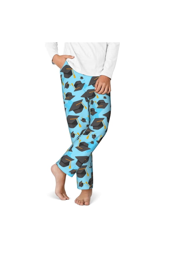 Graduation Hats1 Print Youth Home Trousers, Elastic Waistband with Pockets for Home and Outing, Suitable for Children Aged 5-16-XS(5-6)