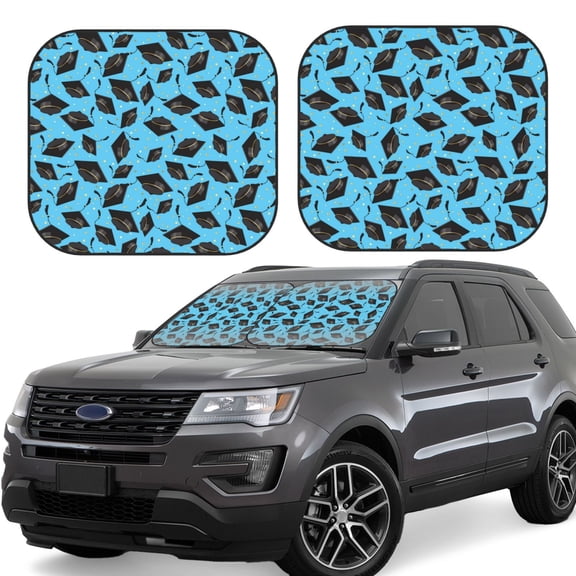 Gukieu Graduation Hats2 Print Car Windshield Sun Visor, Foldable Anti-UV Car Sun Visor Suitable for Vans, Trucks Car Accessories-Large