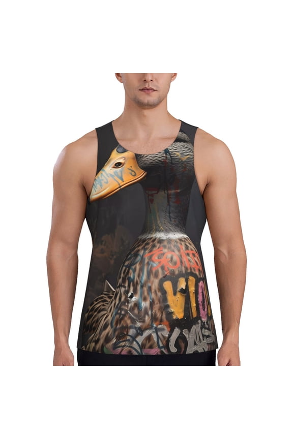 Graffiti Cool Duck Print Men's Quick Dry Fitness Vest, Round Neck Sleeveless Fitness Bodybuilding Top-X-Large