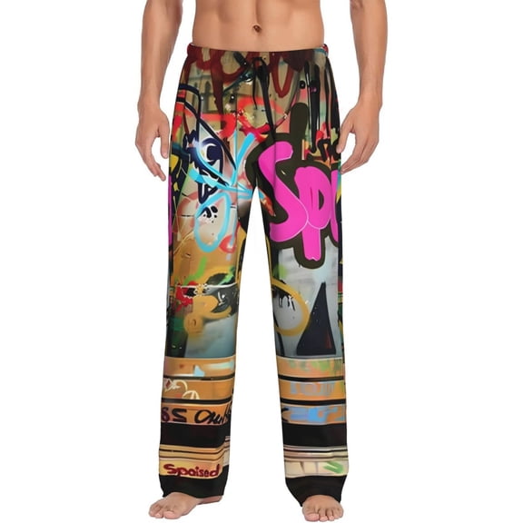 Gukieu Graffiti Lamp Urban Scene Print Men's Home Trousers, Elastic Drawstring Home Pajamas Clothing Suitable for Adult Men-3X-Large