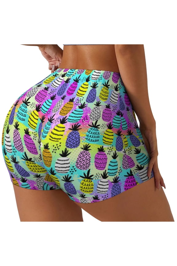 Graffiti Pineapples Print Women's Sports Shorts, Elastic Waist High Stretch Running Yoga Gym Sweatpants-Large