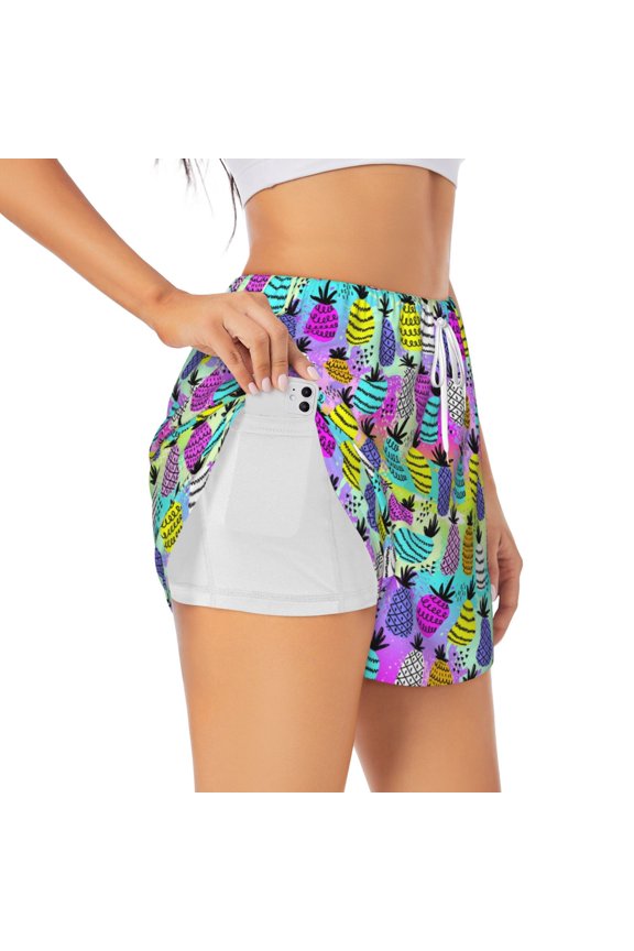Graffiti Pineapples Print Women's Sports Shorts with Drawstring Elastic Waistband for Running, Yoga, Fitness-Small