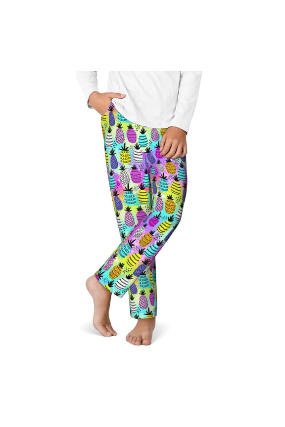 Graffiti Pineapples Print Youth Home Trousers, Elastic Waistband with Pockets for Home and Outing, Suitable for Children Aged 5-16-Large