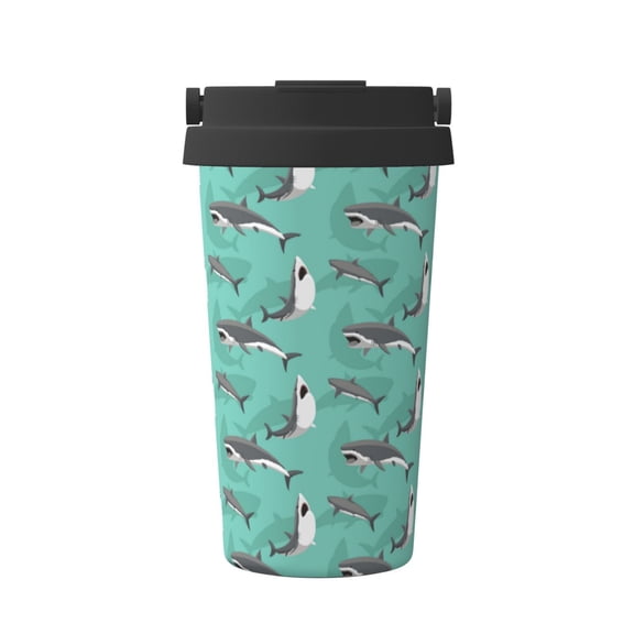 Gukieu Great White Shark Print Insulated Coffee Cup, Portable Stainless Steel Vacuum Cup with Lid, Unisex, Suitable for Office, Cafe, Car