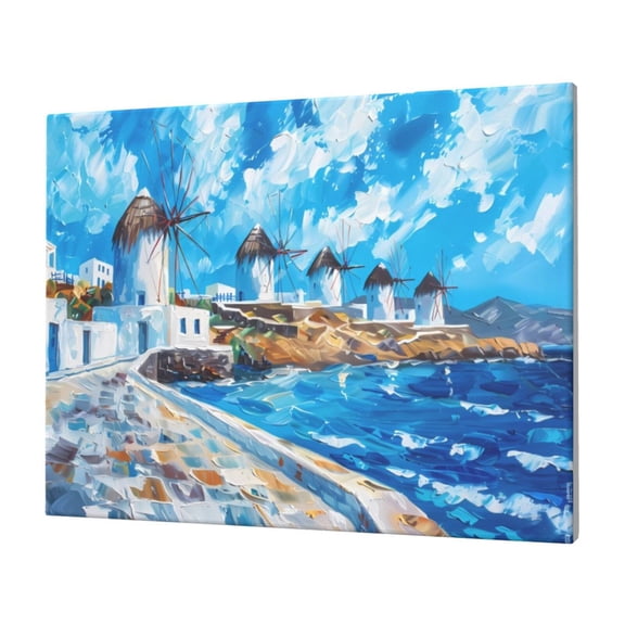 Gukieu Greek Island Windmills Painting Print Horizontal Canvas Decorative Painting 12x16 Inch Shrinkage Resistant Frame Hanging Home Wall Art Decor