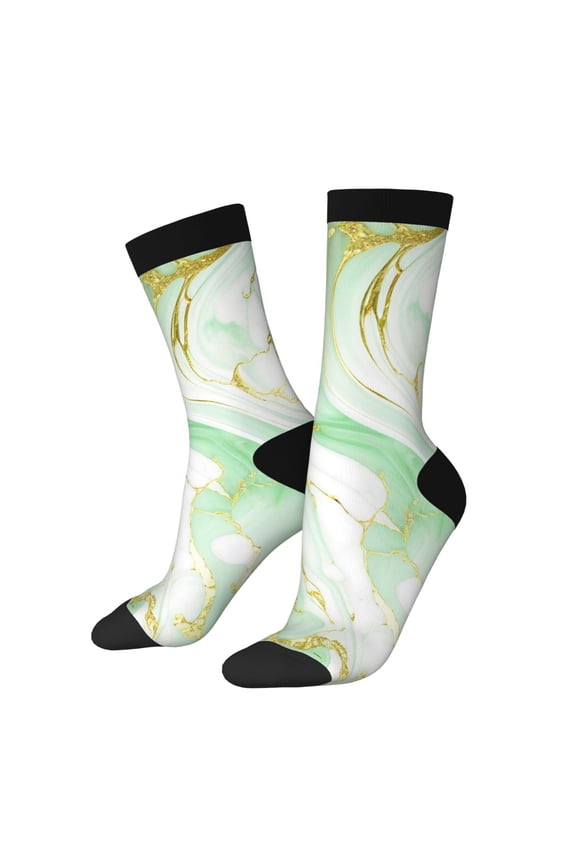 Green And Gold Abstract Marble Print Contrast Color Mid-calf Socks, Sweat-wicking Athletic Socks, Unisex Clothing Accessories