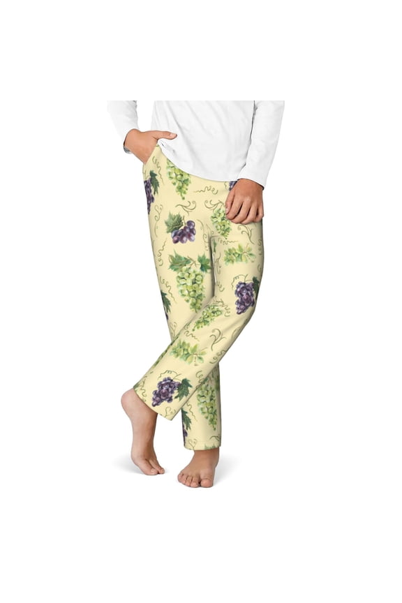 Green And Purple Grapes Print Youth Home Trousers, Elastic Waistband with Pockets for Home and Outing, Suitable for Children Aged 5-16-Medium