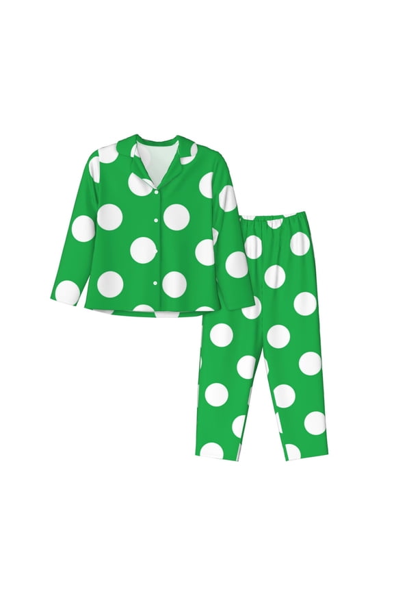 Green And White Polka Dot Print Women's Long Sleeve Pajama Set, Button Top Elastic Pocket Pajama Pants Two Piece Set Home Wear-X-Large
