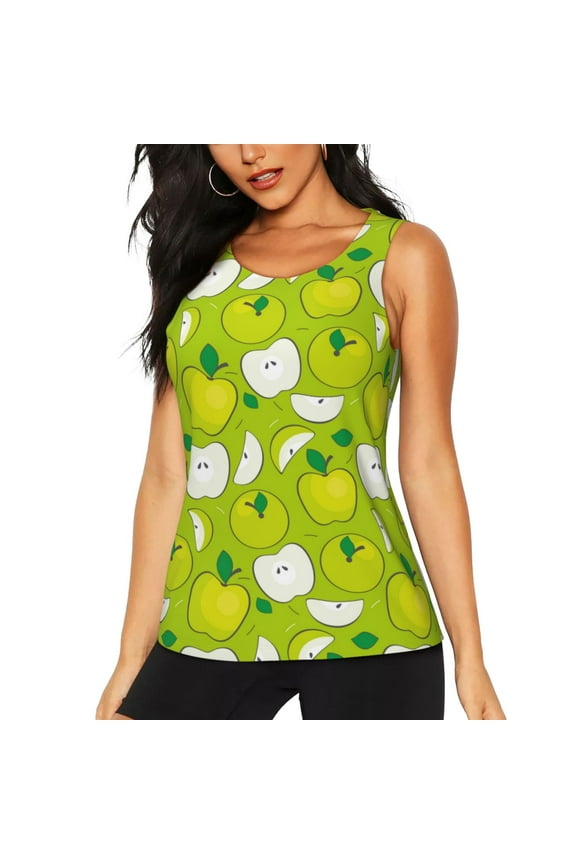 Green Apple Print Women's Quick-drying Fitness Vest, Round Neck Sleeveless Fitness T-shirt, Suitable for Yoga, Sports-Large