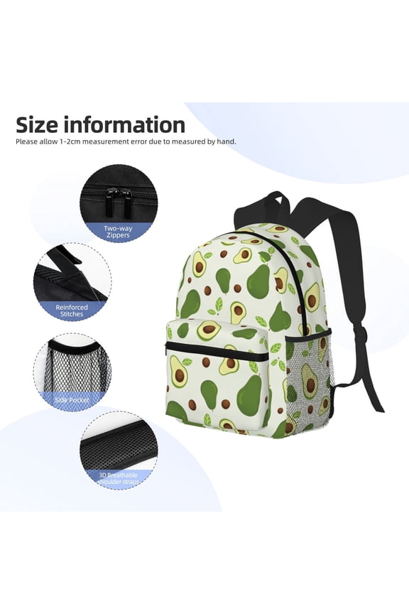 Green Avocado Print Backpack, Waterproof Backpack with Adjustable Shoulder Straps, Suitable for Campus, Business, Travel, Unisex