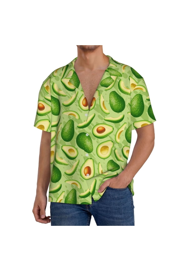 Green Avocado Print Men's Short-sleeved Shirts, Button-down Pocket Shirts, T-shirts, Beach Vacation Travel Summer Clothing-3X-Large