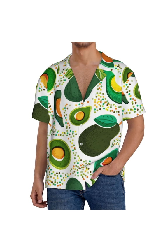 Green Avocado Print Men's Short-sleeved Shirts, Button-down Pocket Shirts, T-shirts, Beach Vacation Travel Summer Clothing-XX-Large