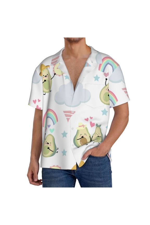 Green Blue Avocado Print Men's Short-sleeved Shirts, Button-down Pocket Shirts, T-shirts, Beach Vacation Travel Summer Clothing-4X-Large