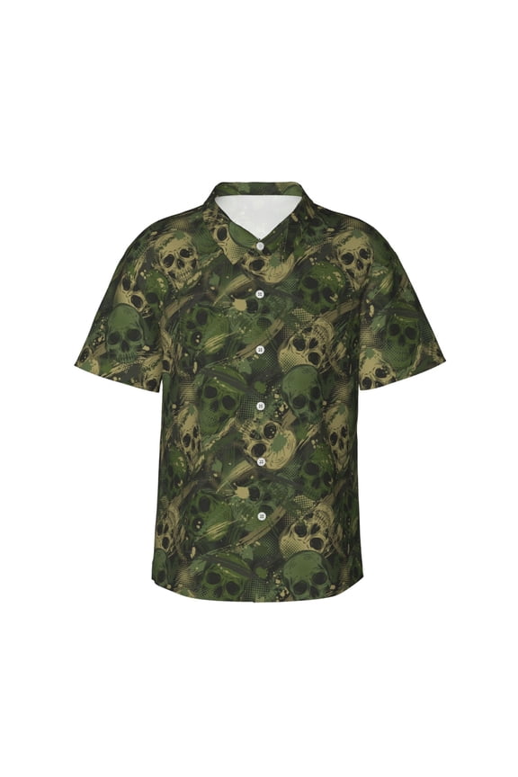 Green Camouflage Skull Print Men's Short-sleeved Shirts, Button-down Lapel Hawaiian Shirts, T-shirts, Beach Vacation Summer Casual Wear,X-Large