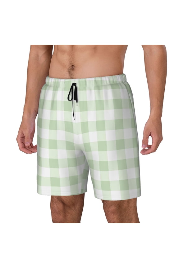 Pistachio Green Checkboard Print Men's Double Layer Sports Swim Trunks, Quick Dry Adjustable Waist Swim Shorts Swimwear-XX-Large
