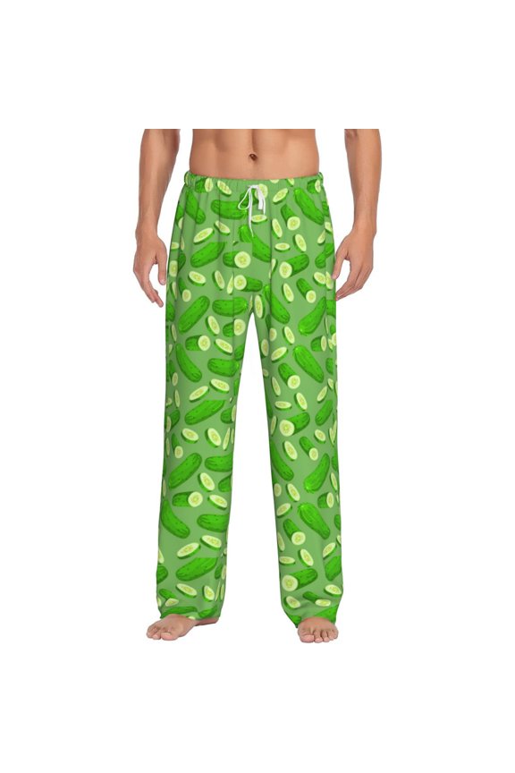 Green Cucumber Print Men's Home Trousers, Elastic Drawstring Home Pajamas Clothing Suitable for Adult Men-Large