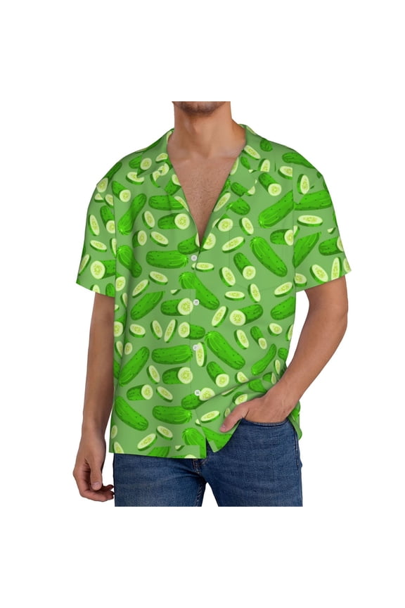 Green Cucumber Print Men's Short-sleeved Shirts, Button-down Pocket Shirts, T-shirts, Beach Vacation Travel Summer Clothing-Large