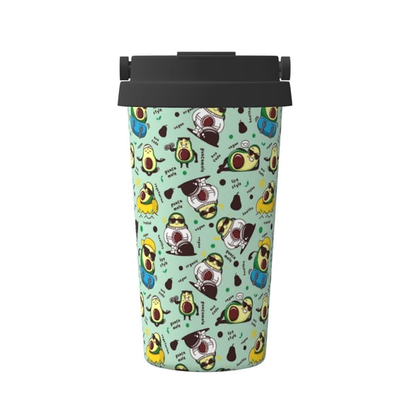 Gukieu Green Cute Avocado Print Insulated Coffee Cup, Portable Stainless Steel Vacuum Cup with Lid, Unisex, Suitable for Office, Cafe, Car
