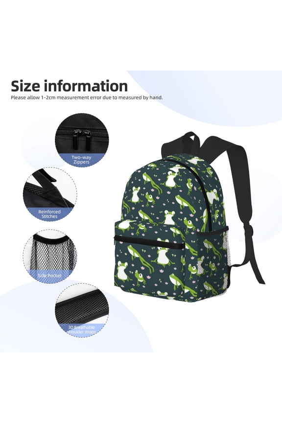 Green Frogs Print Backpack, Waterproof Backpack with Adjustable Shoulder Straps, Suitable for Campus, Business, Travel, Unisex