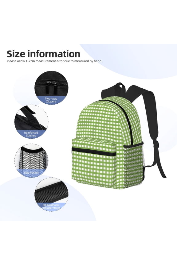 Green Gingham Print Backpack, Waterproof Backpack with Adjustable Shoulder Straps, Suitable for Campus, Business, Travel, Unisex